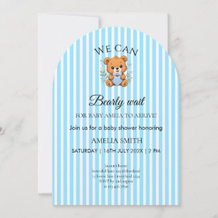 We Can Bearly Wait Teddy Bear Blue stripped Invita Invitation