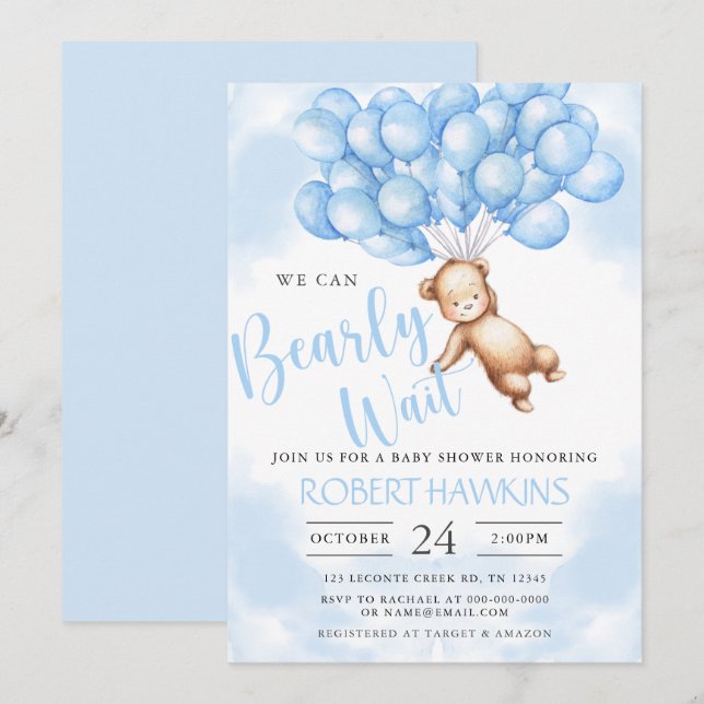 We Can Bearly Wait Teddy Bear Boy Baby Shower Invitation (Front/Back)