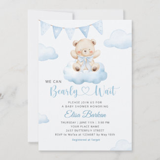 We Can Bearly Wait Teddy Bear Boy Baby Shower Invitation
