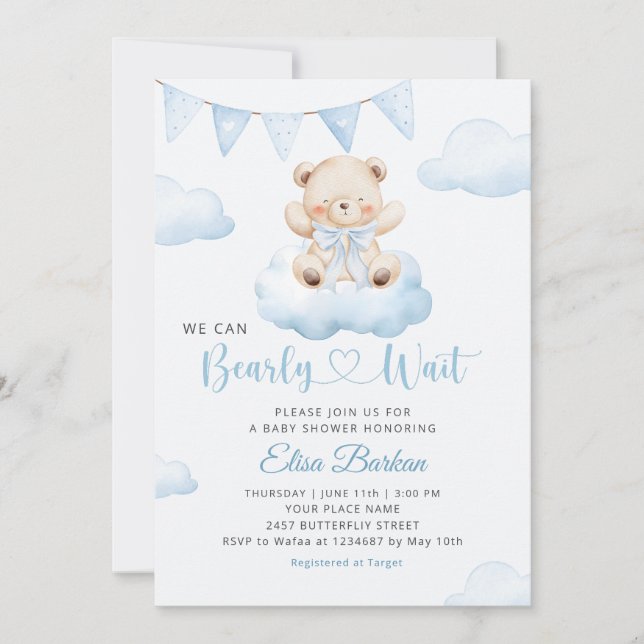 We Can Bearly Wait Teddy Bear Boy Baby Shower Invitation (Front)