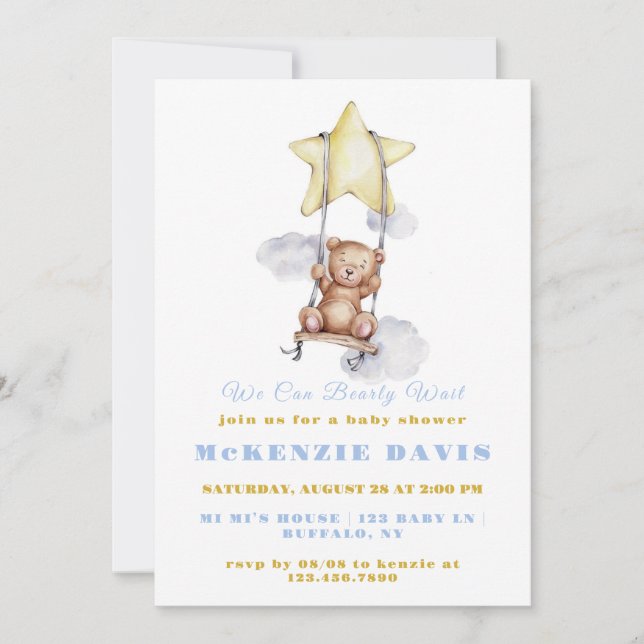 We Can Bearly Wait Teddy Bear Boy Baby Shower Invitation (Front)