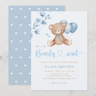 We Can Bearly Wait Teddy Bear Boy Baby Shower Invitation