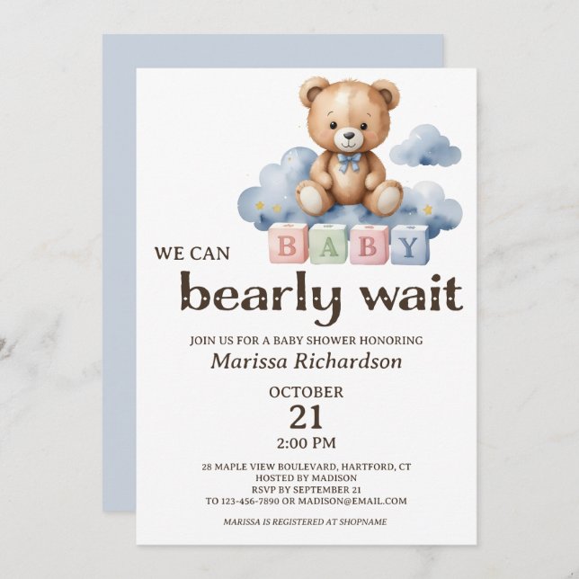 We Can Bearly Wait Teddy Bear Boy Baby Shower Invitation (Front/Back)