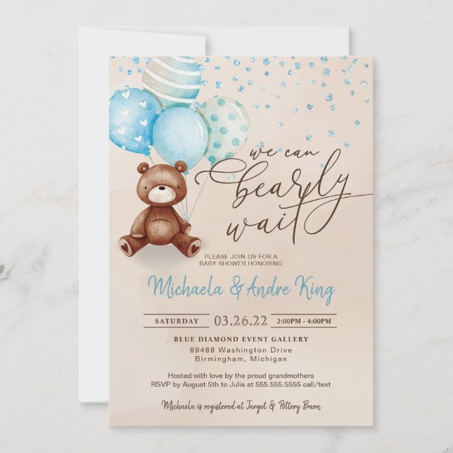 We Can Bearly Wait Teddy Bear Boy Baby Shower Invitation (Front)