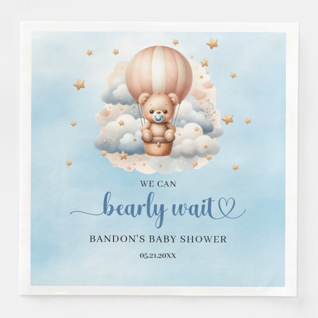 We can bearly wait teddy bear boy baby shower napkin (Front)