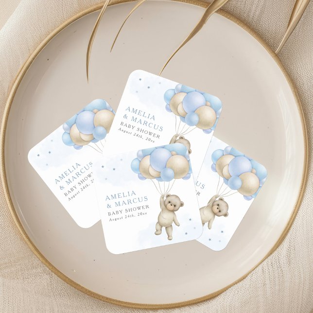 We Can Bearly Wait Teddy Bear Boy Baby Shower Square Sticker (Creator Uploaded)