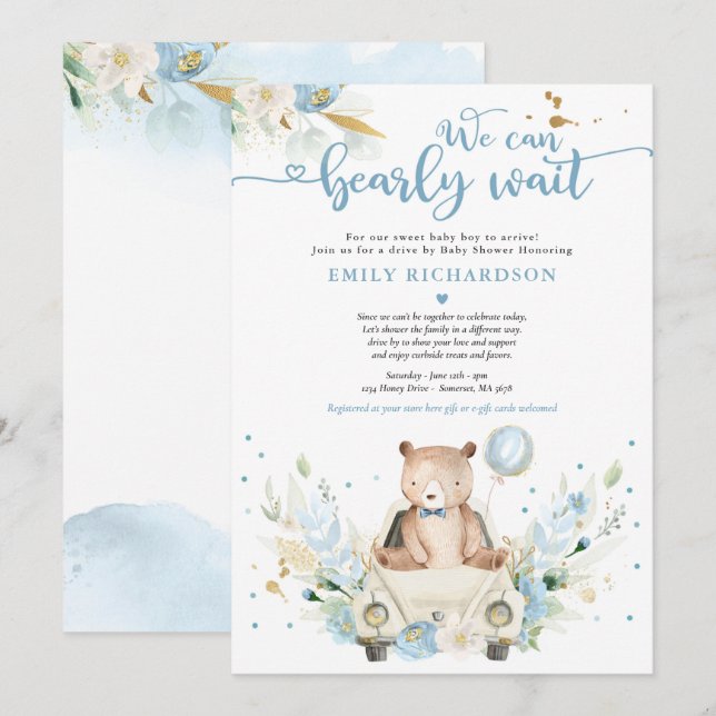 We Can Bearly Wait Teddy Bear Drive By Baby Shower Invitation (Front/Back)