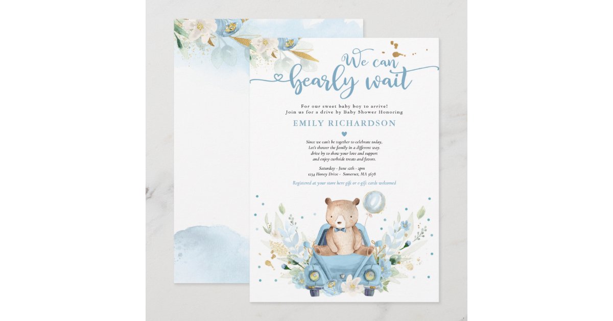We Can Bearly Wait Teddy Bear Drive By Baby Shower Invitation | Zazzle