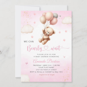 We Can Bearly Wait Teddy Bear Girl Baby Shower Invitation