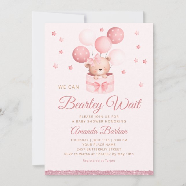 We Can Bearly Wait Teddy Bear Girl Baby Shower Invitation (Front)