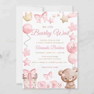 We Can Bearly Wait Teddy Bear Girl Baby Shower Invitation