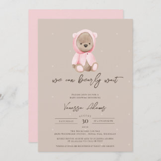 We Can Bearly Wait Teddy Bear Girl Baby Shower Invitation