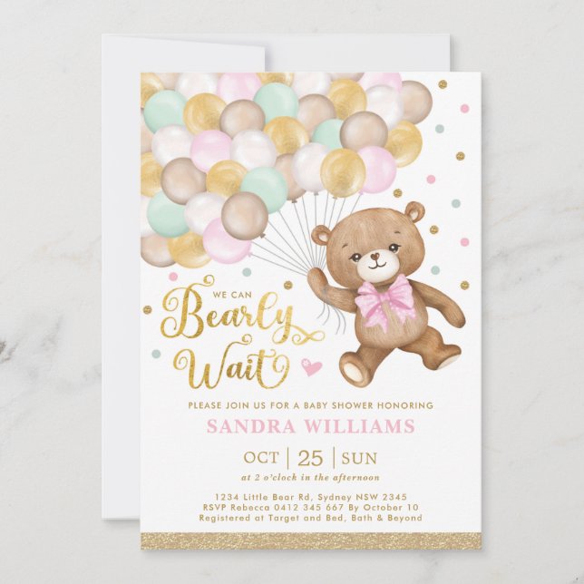 We Can Bearly Wait Teddy Bear Girl Baby Shower Invitation (Front)