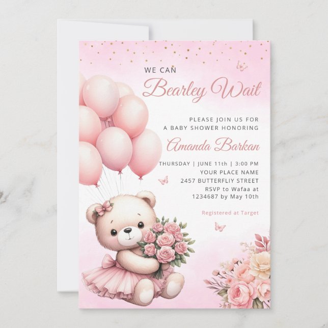 We Can Bearly Wait Teddy Bear Girl Baby Shower Invitation (Front)