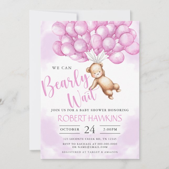 We Can Bearly Wait Teddy Bear Girl Baby Shower Invitation (Front)