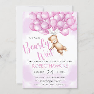 We Can Bearly Wait Teddy Bear Girl Baby Shower Invitation
