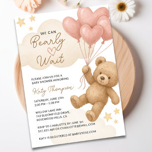 We Can Bearly Wait Teddy Bear Girl Baby Shower  Invitation