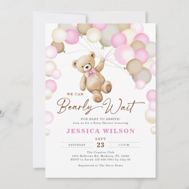 We Can Bearly Wait Teddy Bear Girl Baby Shower Invitation (Front)