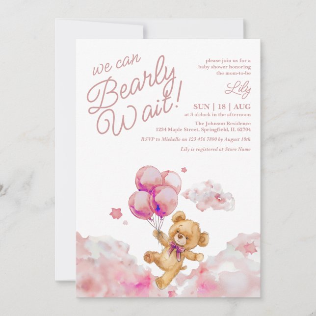 We Can Bearly Wait Teddy Bear Girl Baby Shower Invitation (Front)