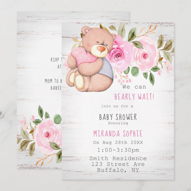 We Can Bearly Wait Teddy Bear Girl Baby Shower Invitation (Front/Back)