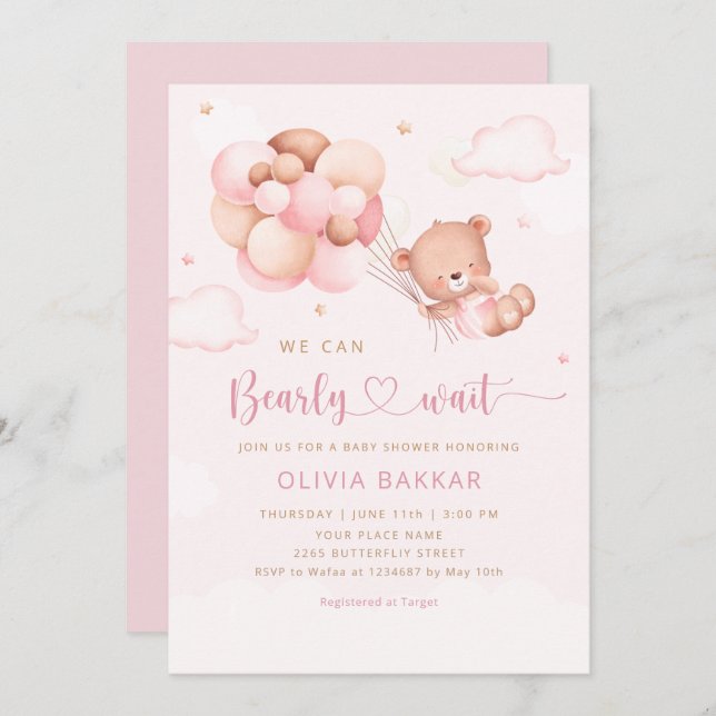 We Can Bearly Wait Teddy Bear Girl Baby Shower Invitation (Front/Back)