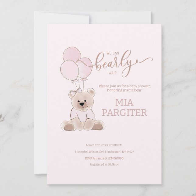 We Can Bearly Wait Teddy Bear Pink Baby Shower Invitation (Front)