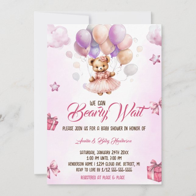 We can Bearly Wait Teddy Bear Pink Baby Shower Invitation (Front)