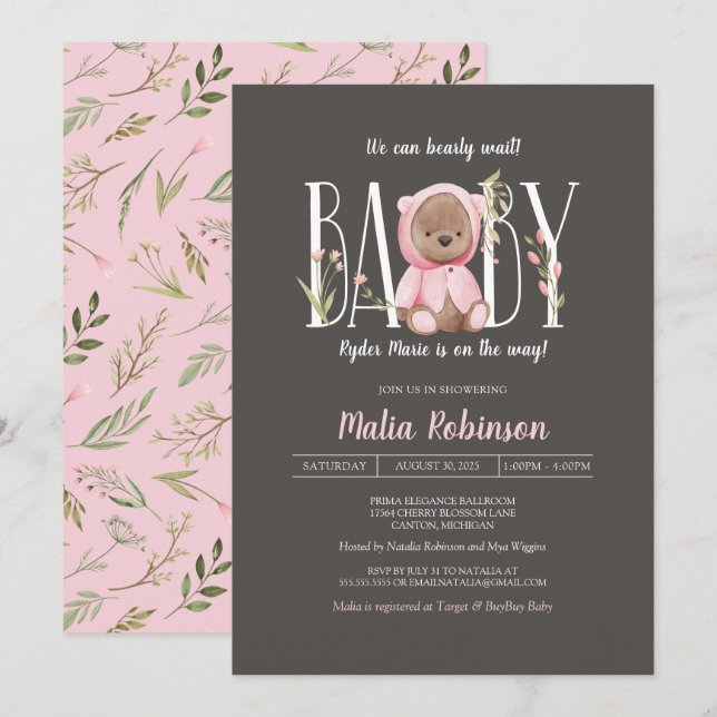 We Can Bearly Wait! Teddy Bear Pink Baby Shower  Invitation (Front/Back)