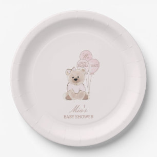 We Can Bearly Wait Teddy Bear Pink Baby Shower Paper Plate
