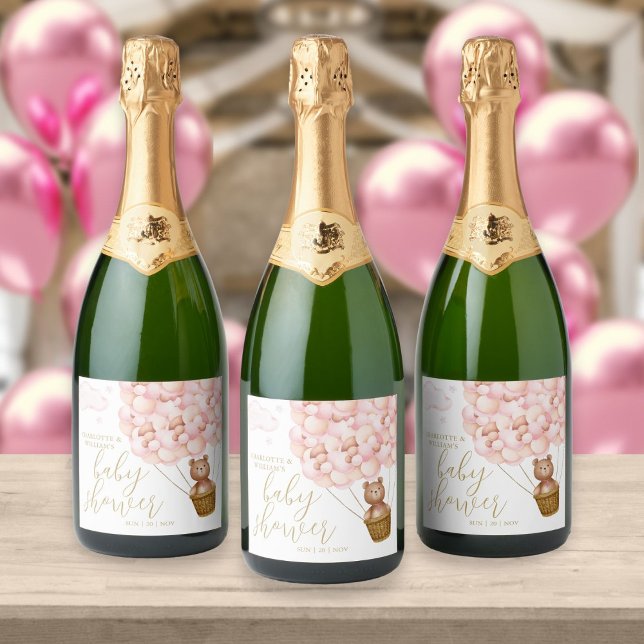 We Can Bearly Wait Teddy Bear Pink Baby Shower Sparkling Wine Label (Creator Uploaded)
