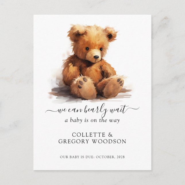 We Can Bearly Wait Teddy Bear Pregnancy  Announcement Postcard (Front)