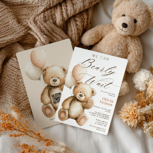 We Can Bearly Wait Teddy Bear QR code Baby Shower Invitation