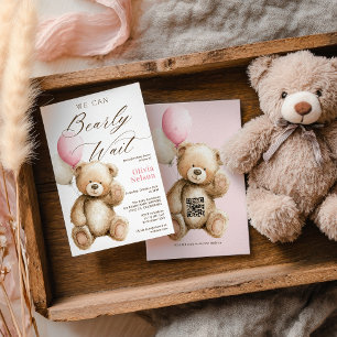 We Can Bearly Wait Teddy Bear QR Girl Baby Shower Invitation
