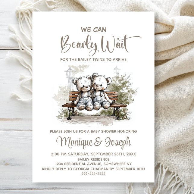 We Can Bearly Wait Teddy Bear Twins Baby Shower Invitation (Creator Uploaded)