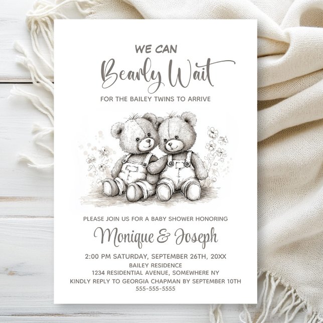 We Can Bearly Wait Teddy Bear Twins Baby Shower Invitation (Creator Uploaded)