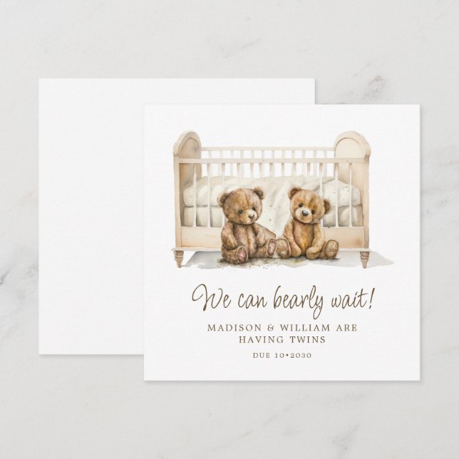We Can Bearly Wait Teddy Bear Twins Pregnancy Invitation (Front/Back)