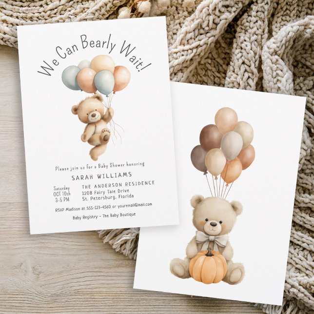 We Can Bearly Wait Teddy Bear with Balloons Invitation (Available in both printed and instant download digital formats.)