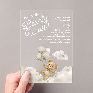 We Can Bearly Wait Teddy Neutral Beige Baby Shower Acrylic Invitations