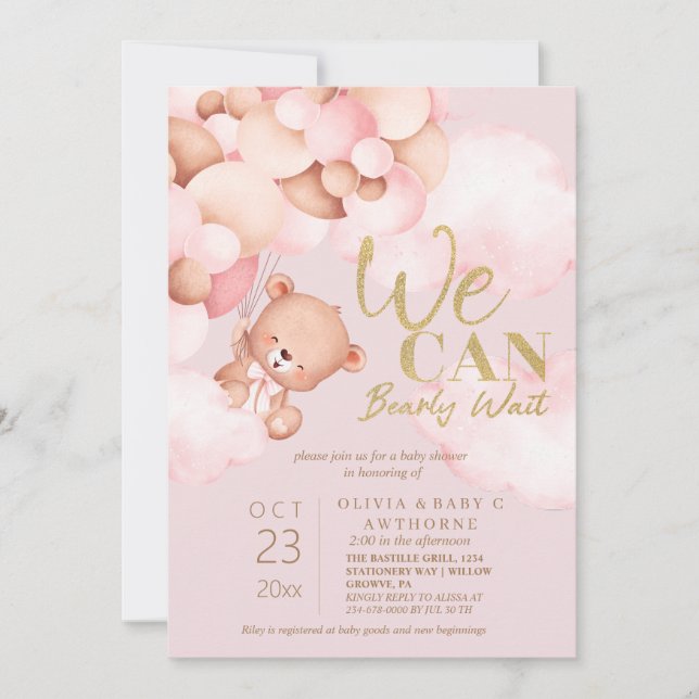 We can Bearly Wait Teddy Pink Baby Girl Shower Invitation (Front)