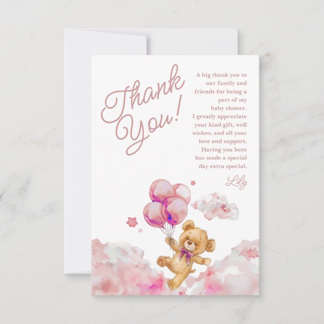 We Can Bearly Wait Teddy Pink Girl Baby Shower Thank You Card (Front)