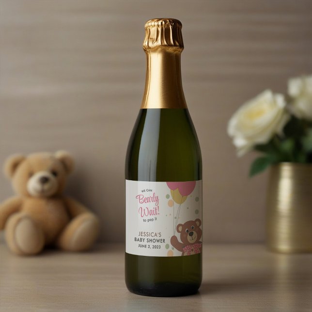 We Can Bearly Wait to Pop It Cute Baby Girl Shower Sparkling Wine Label (Creator Uploaded)