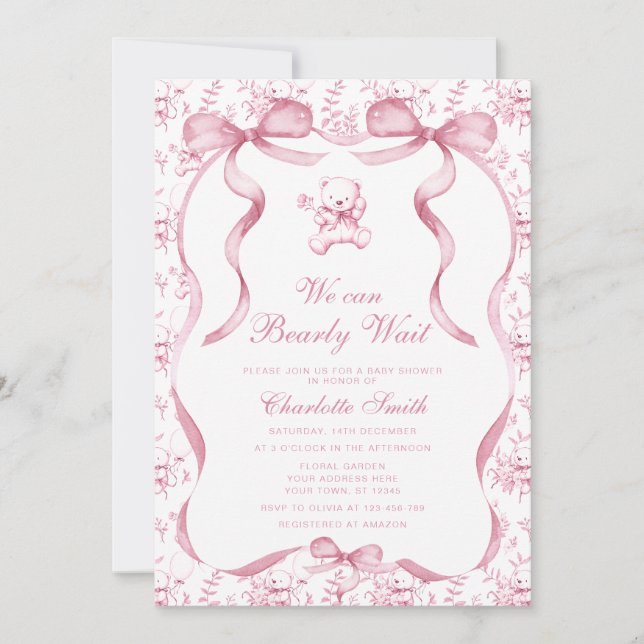 We Can Bearly Wait Toile Teddy Baby Shower Invitation (Front)