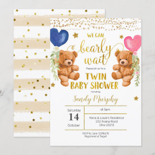 We Can Bearly Wait Twin Baby Shower Invitation