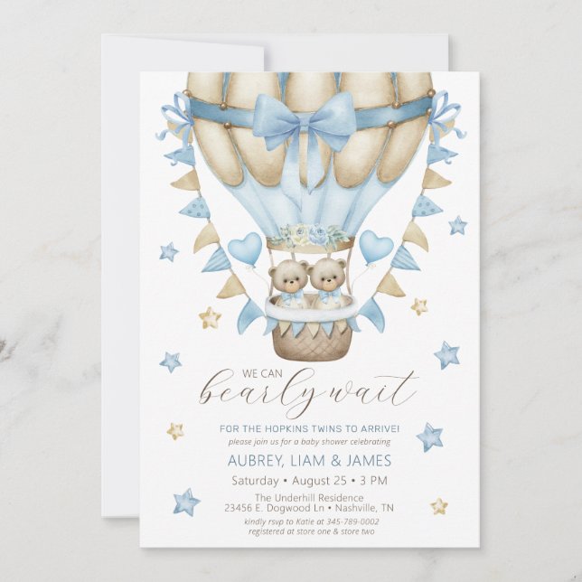 We Can Bearly Wait Twin Boy Baby Shower Invitation (Front)