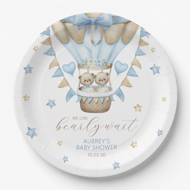 We Can Bearly Wait Twin Boy Baby Shower Paper Plate (Front)
