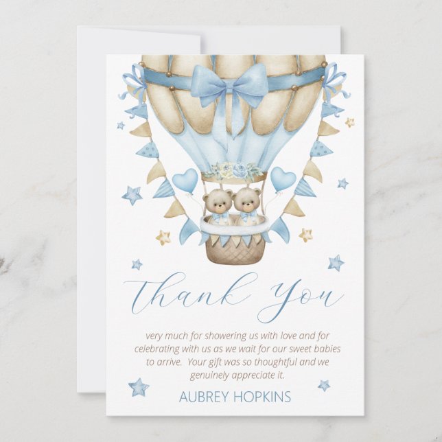 We Can Bearly Wait Twin Boy Baby Shower Thank You Card (Front)