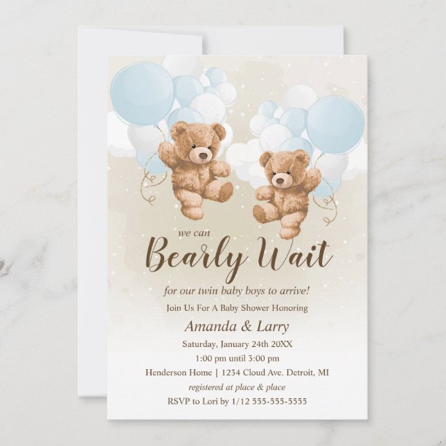 We Can Bearly Wait Twin Boys Baby Shower Invitation (Front)