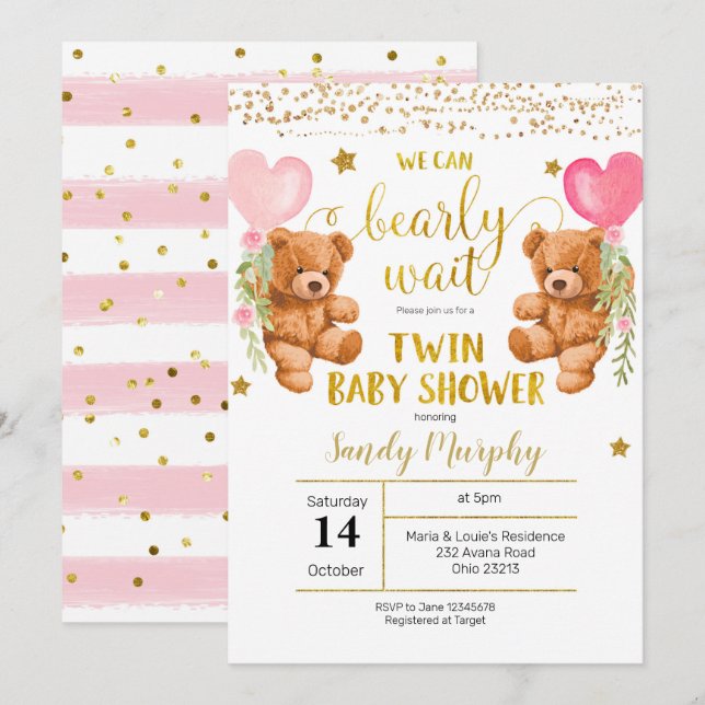 We Can Bearly Wait Twin Girl Baby Shower Invitation (Front/Back)