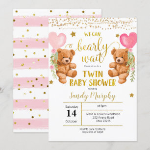 We Can Bearly Wait Twin Girl Baby Shower Invitation