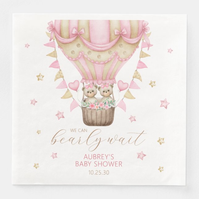 We Can Bearly Wait Twin Girl Baby Shower Napkin (Front)